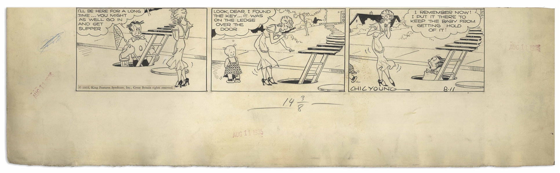 Chic Young Hand-Drawn ''Blondie'' Sunday Comic Strip From 1935 -- Blondie's Forgetfulness Causes Problems for Dagwood